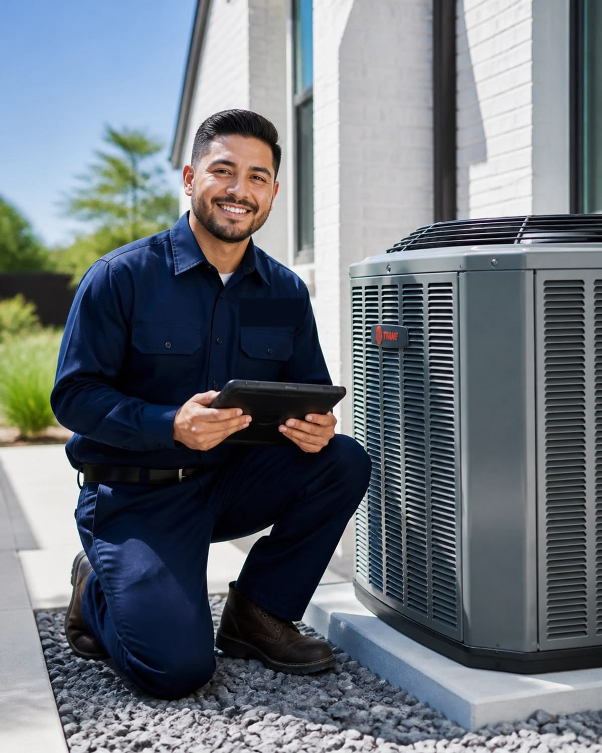HVAC technician inspecting an outdoor AC unit at a GTA home